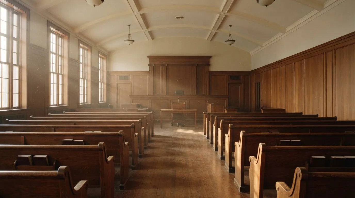 Een lege rechtszaal met houten banken in het ochtendlicht