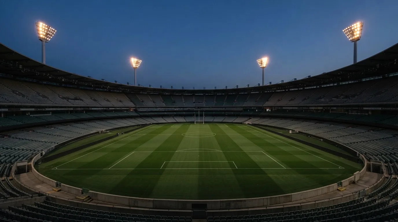 Een leeg voetbalstadion met lichtmasten bij schemering