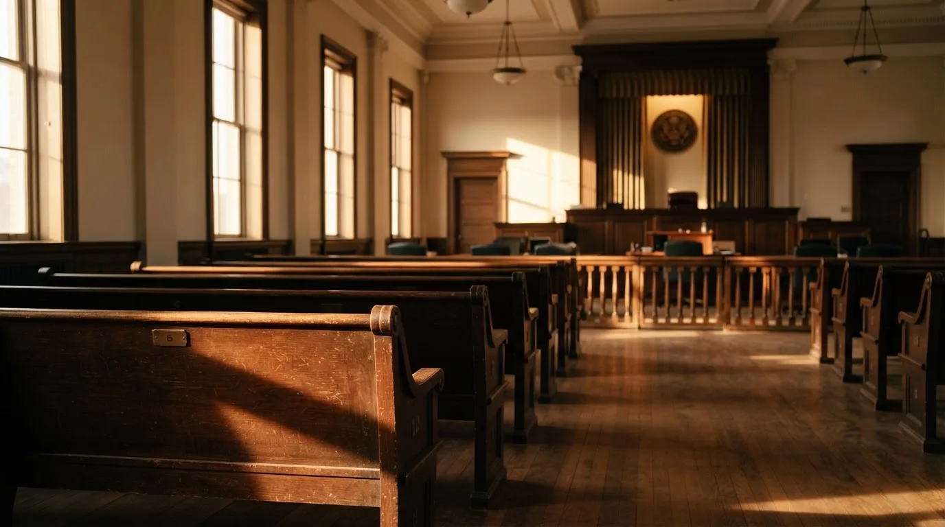 Een lege rechtszaal met houten banken in het ochtendlicht