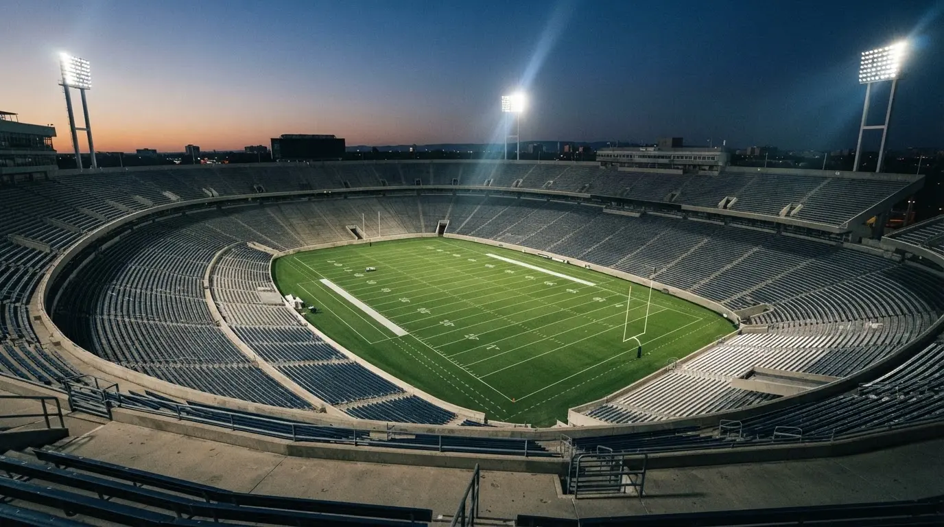 Een leeg voetbalstadion met lichtmasten bij schemering