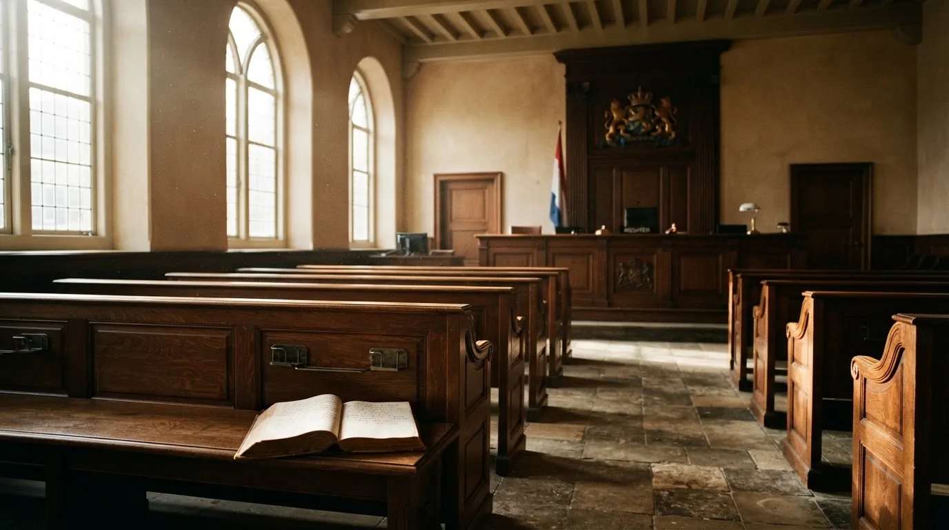 Een lege rechtszaal met houten banken in het ochtendlicht