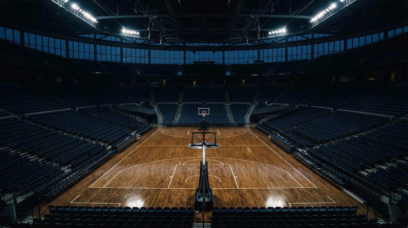 Een leeg voetbalstadion met lichtmasten bij schemering
