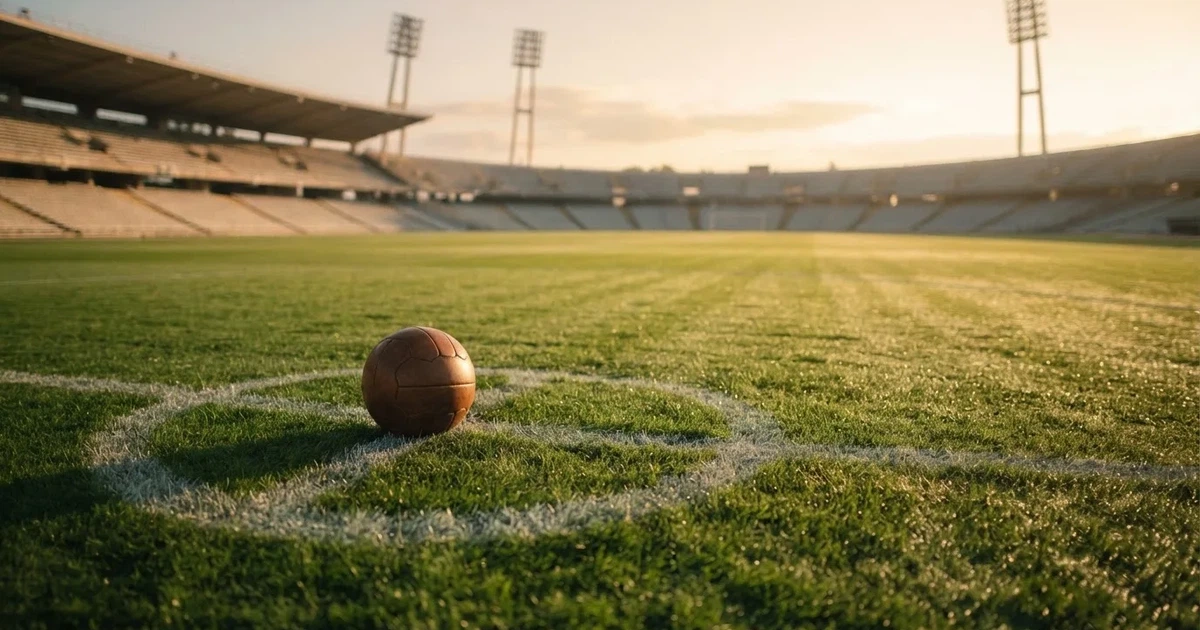 Een voetbal op de middenstip van een grasveld in het ochtendlicht