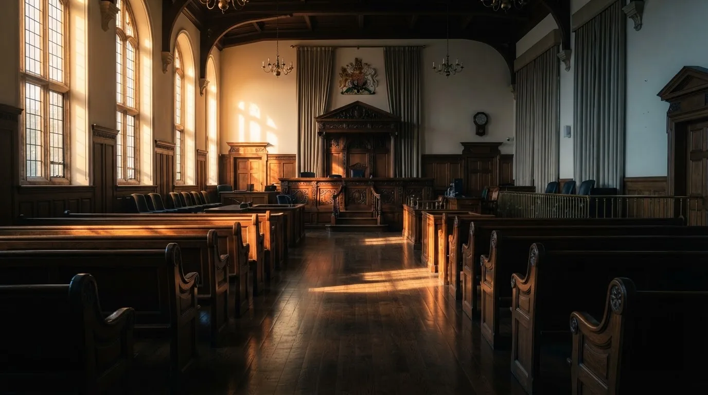 Een lege rechtszaal met houten banken in het ochtendlicht