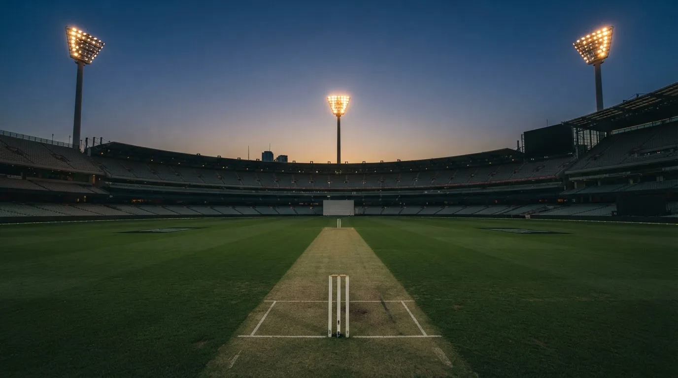 Een leeg voetbalstadion met lichtmasten bij schemering