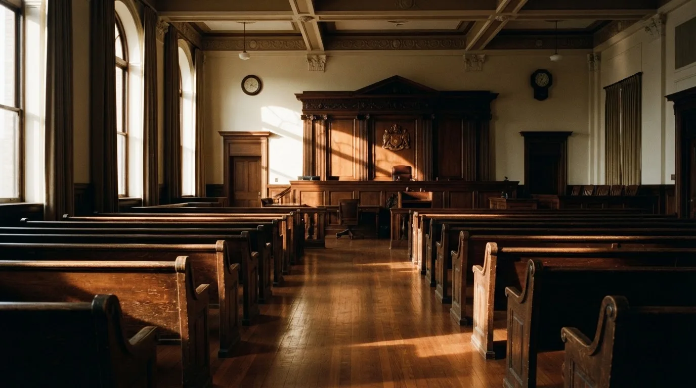 Een lege rechtszaal met houten banken in het ochtendlicht