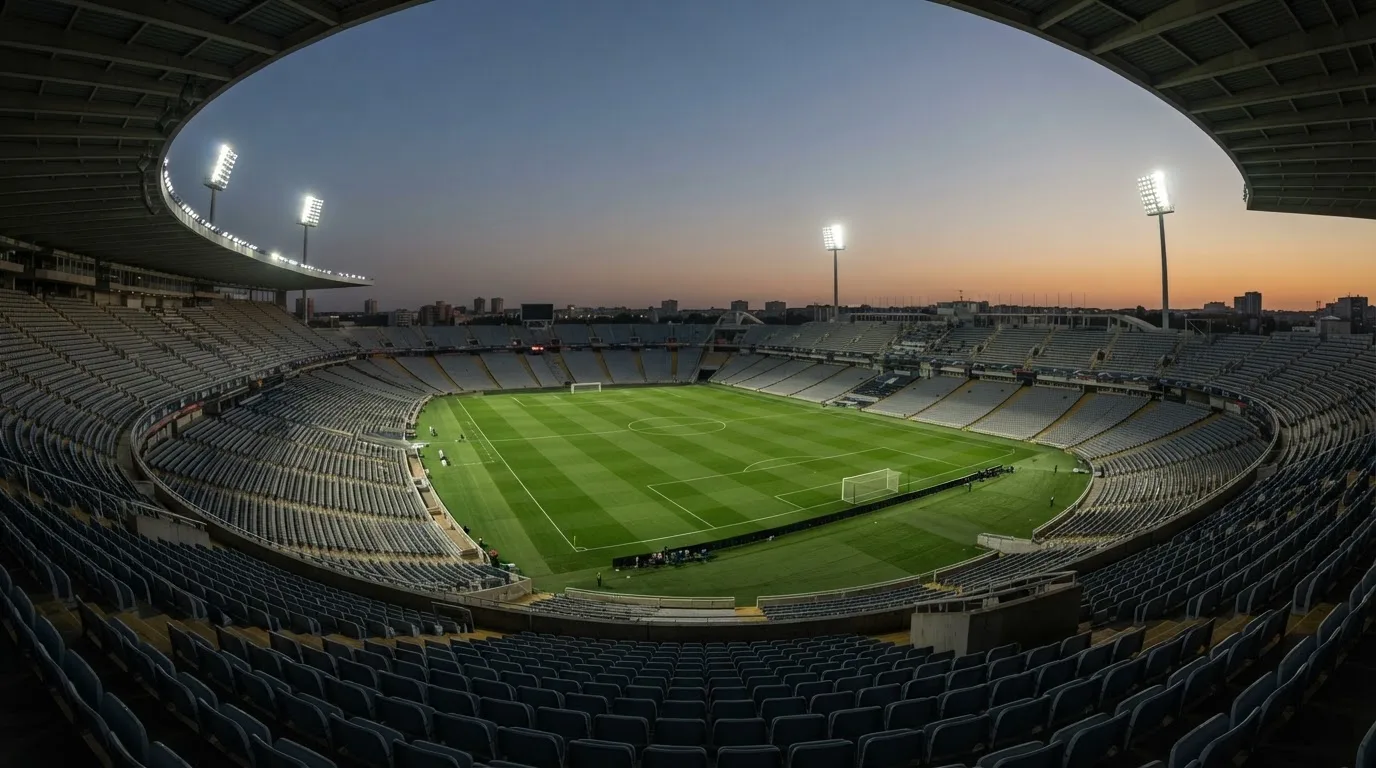 Een leeg voetbalstadion met lichtmasten bij schemering