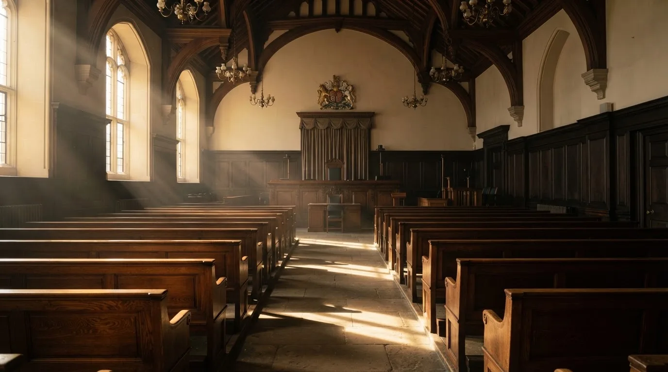 Een lege rechtszaal met houten banken in het ochtendlicht