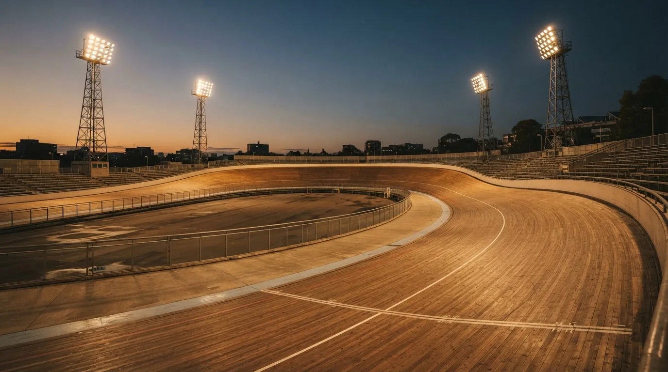 Een leeg voetbalstadion met lichtmasten bij schemering