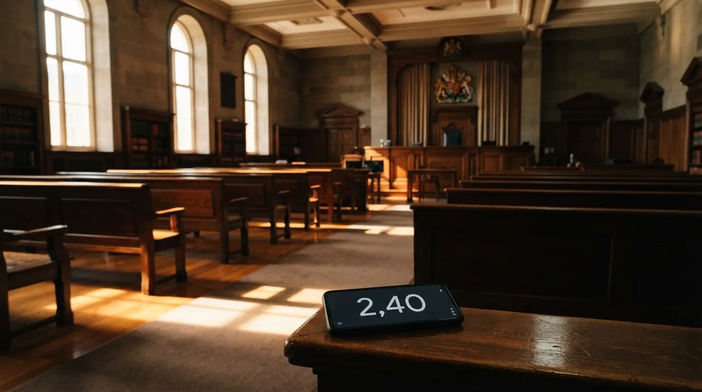 Een lege rechtszaal met houten banken in het ochtendlicht