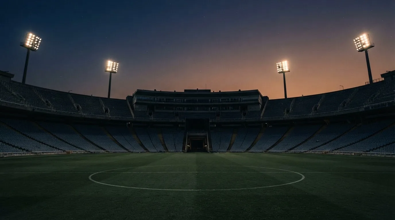 Een leeg voetbalstadion met lichtmasten bij schemering