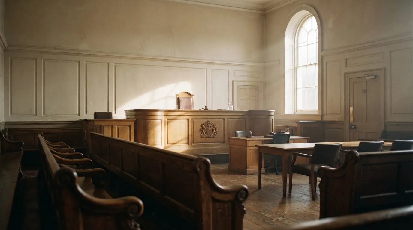 Een lege rechtszaal met houten banken in het ochtendlicht