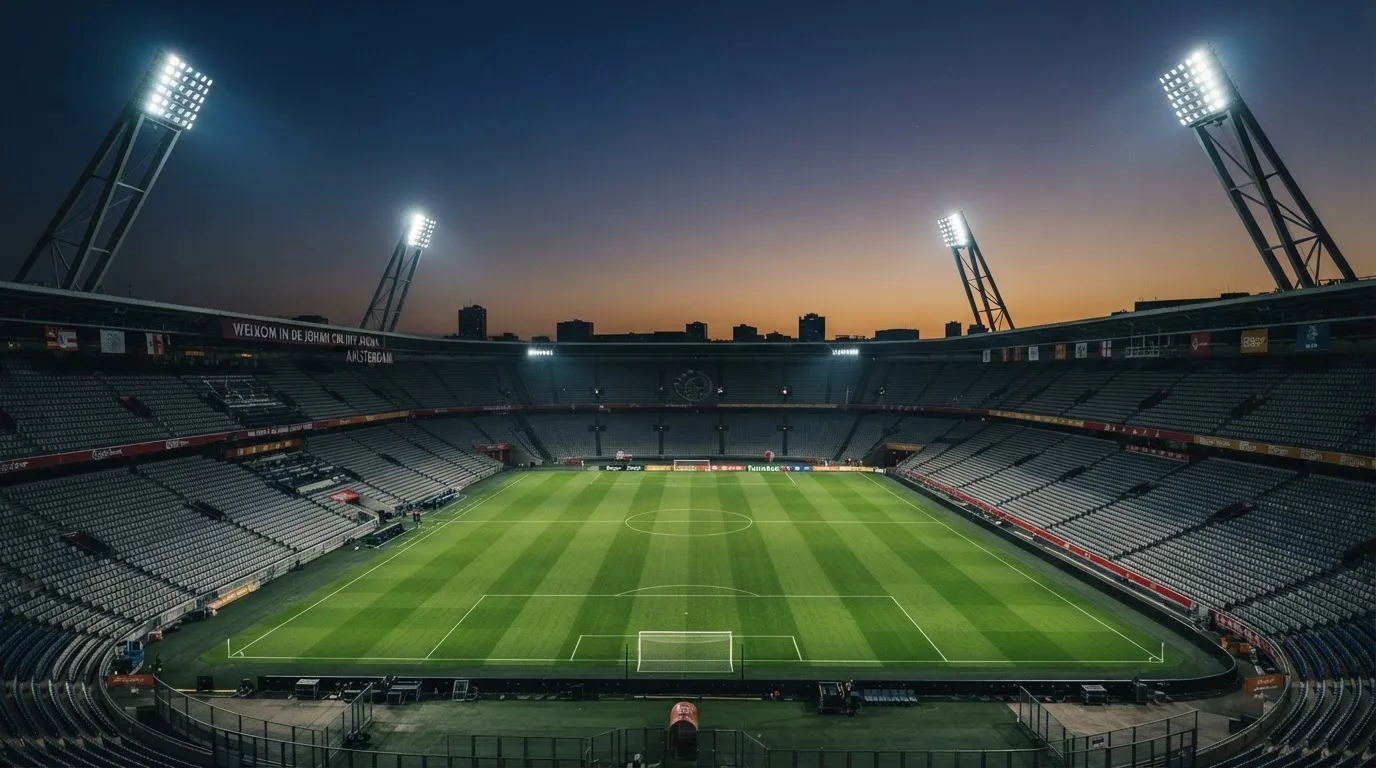 Een leeg voetbalstadion met lichtmasten bij schemering