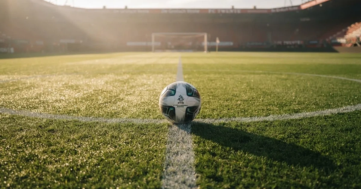 Een voetbal op de middenstip van een grasveld in het ochtendlicht
