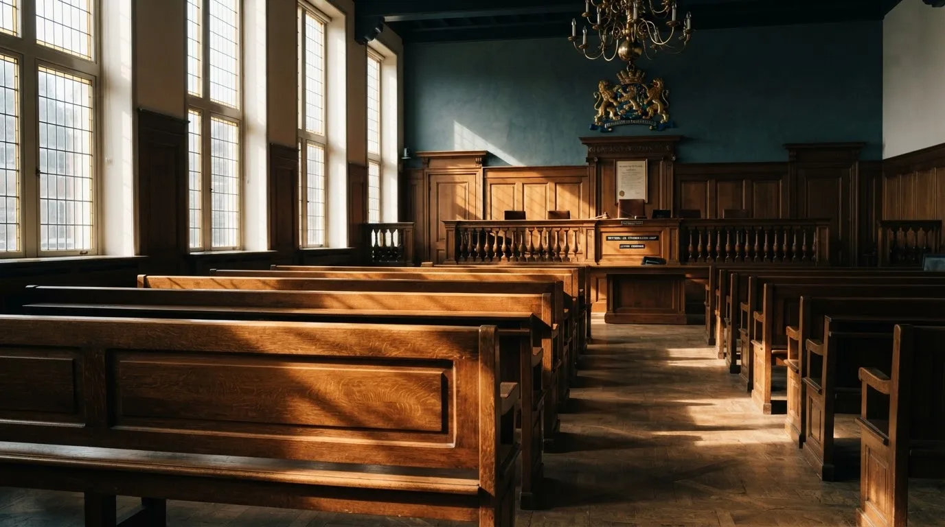 Een lege rechtszaal met houten banken in het ochtendlicht