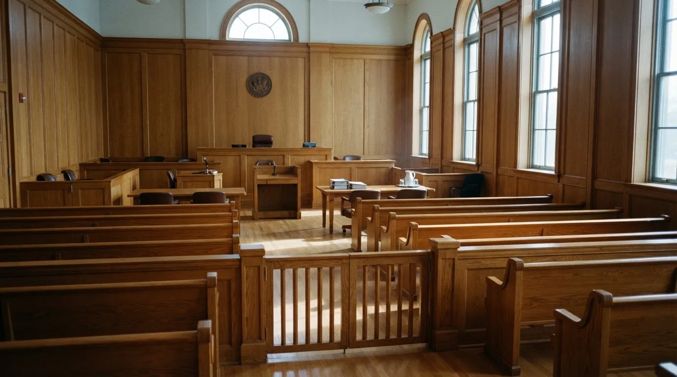 Een lege rechtszaal met houten banken in het ochtendlicht