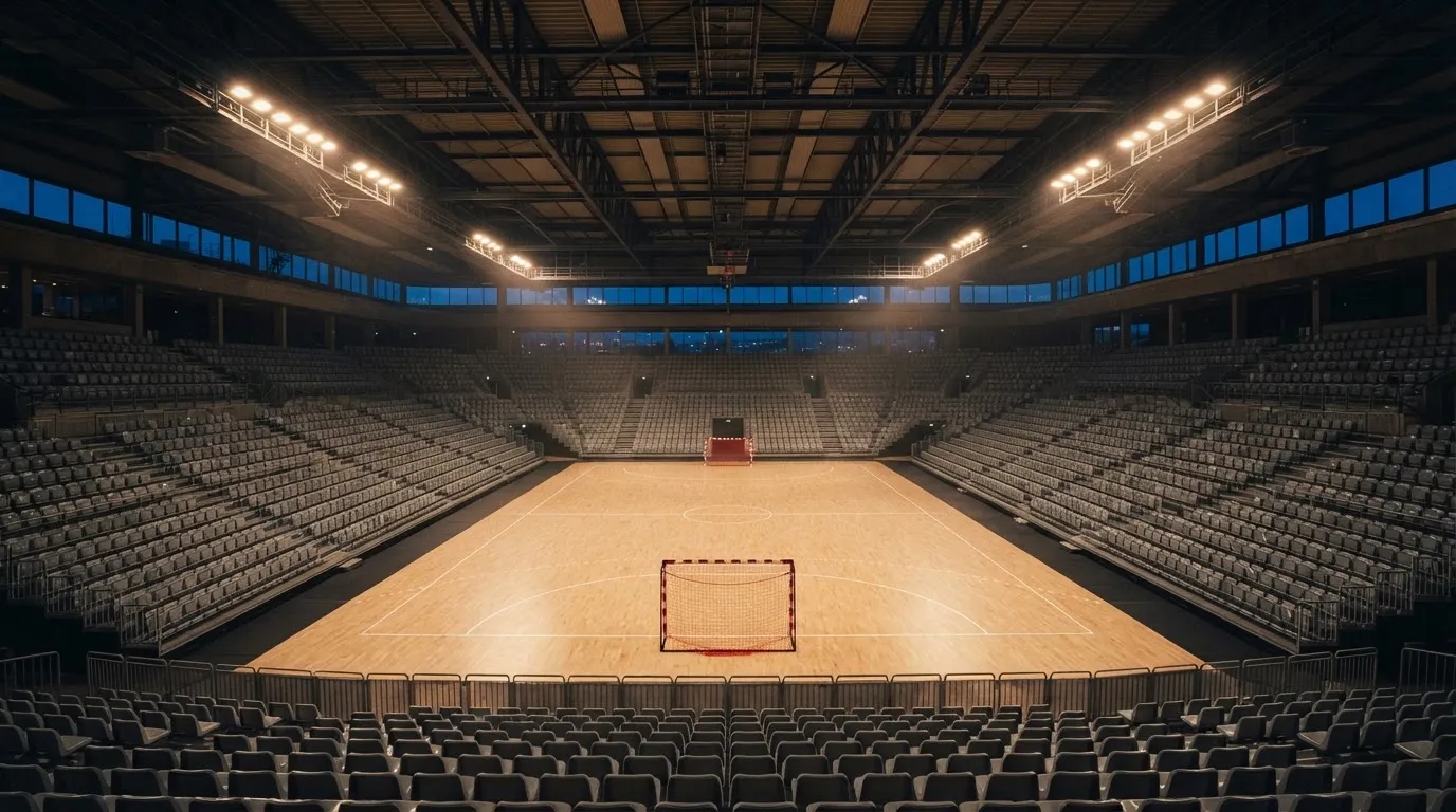 Een leeg voetbalstadion met lichtmasten bij schemering