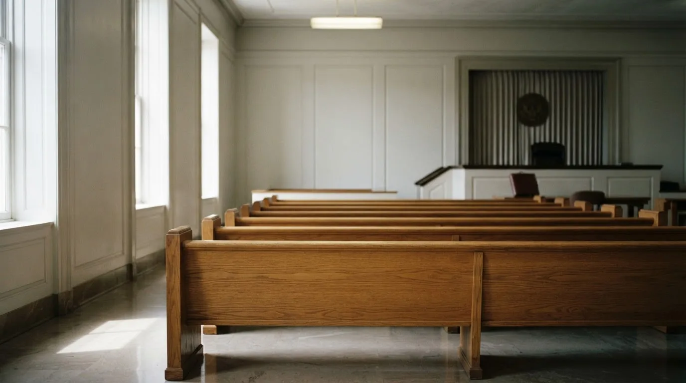 Een lege rechtszaal met houten banken in het ochtendlicht