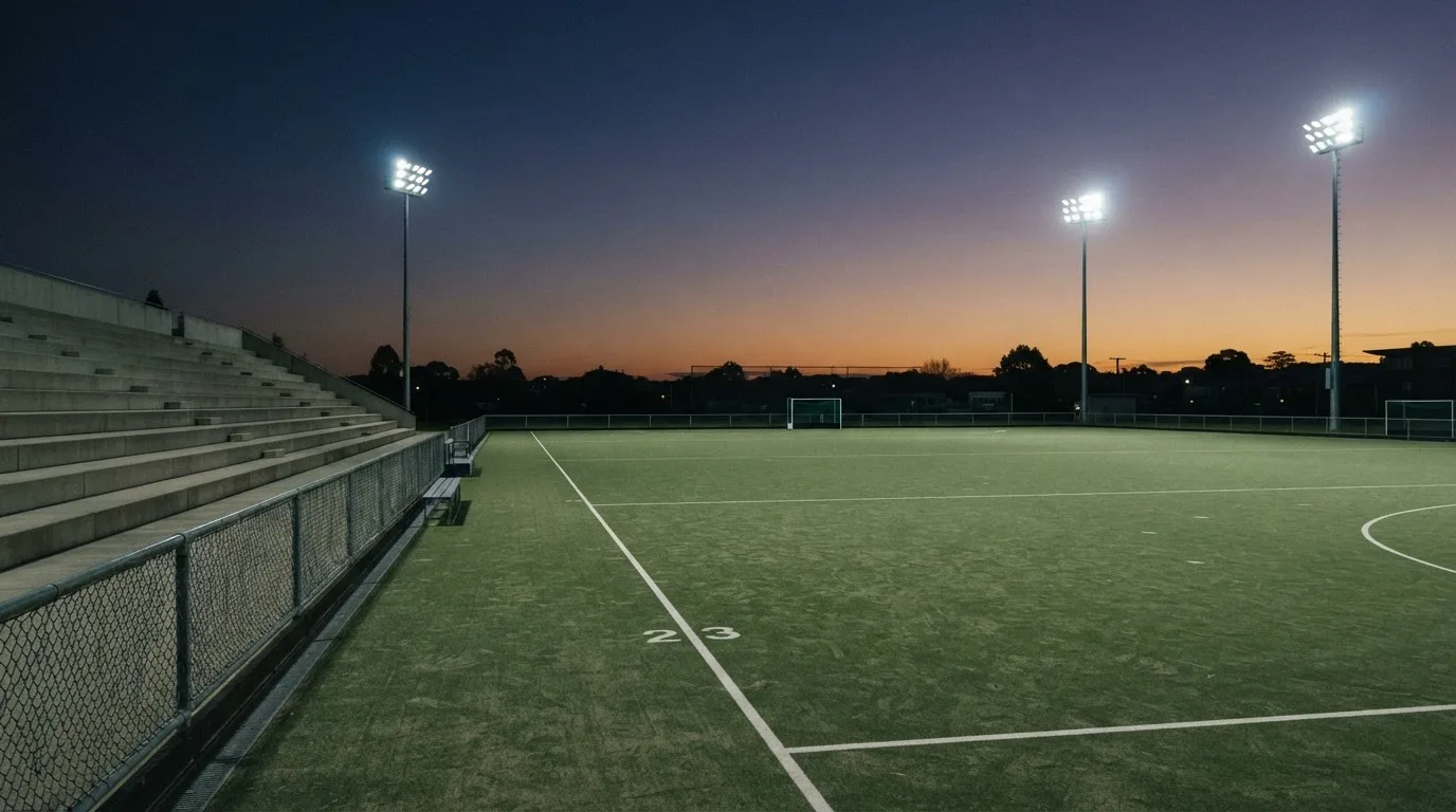 Een leeg voetbalstadion met lichtmasten bij schemering