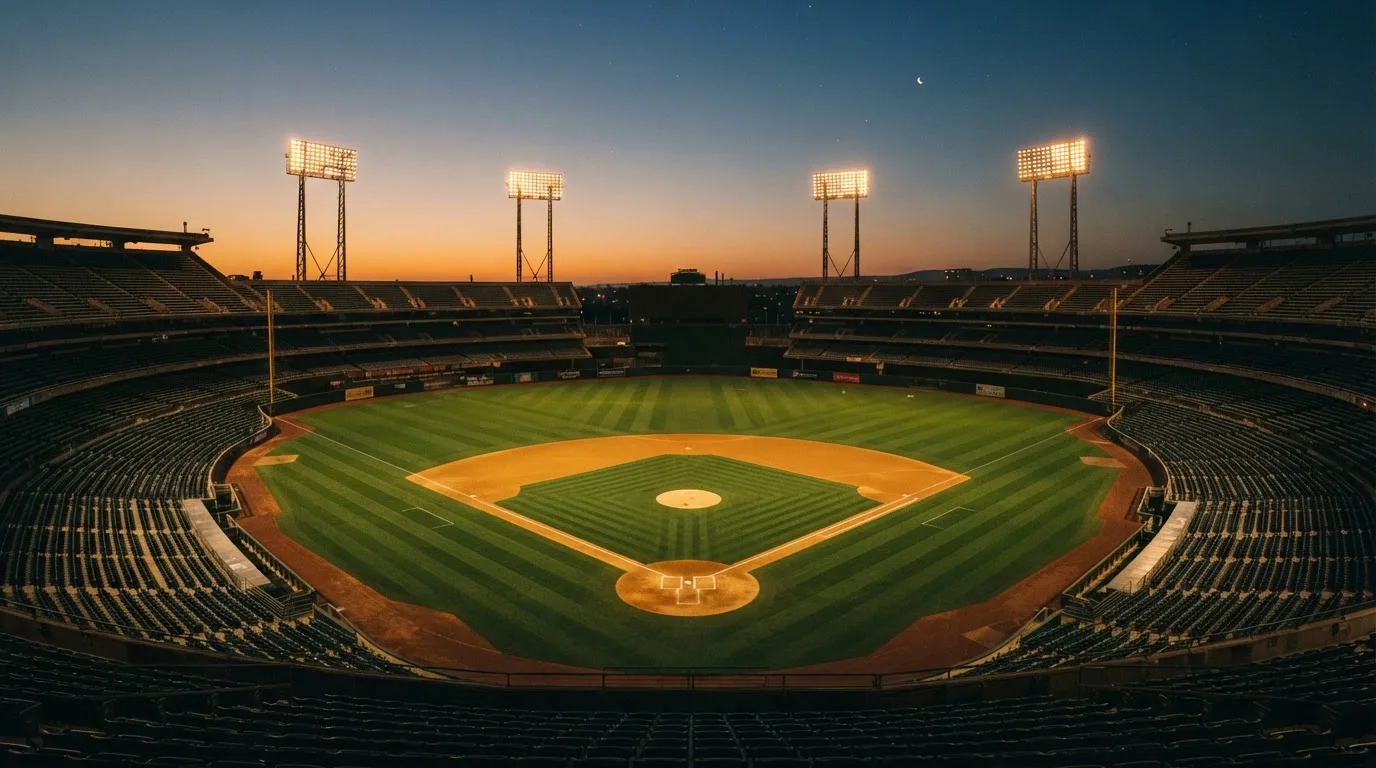 Een leeg voetbalstadion met lichtmasten bij schemering