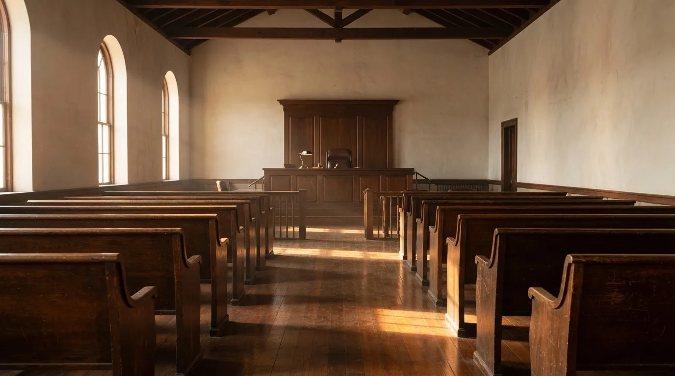 Een lege rechtszaal met houten banken in het ochtendlicht