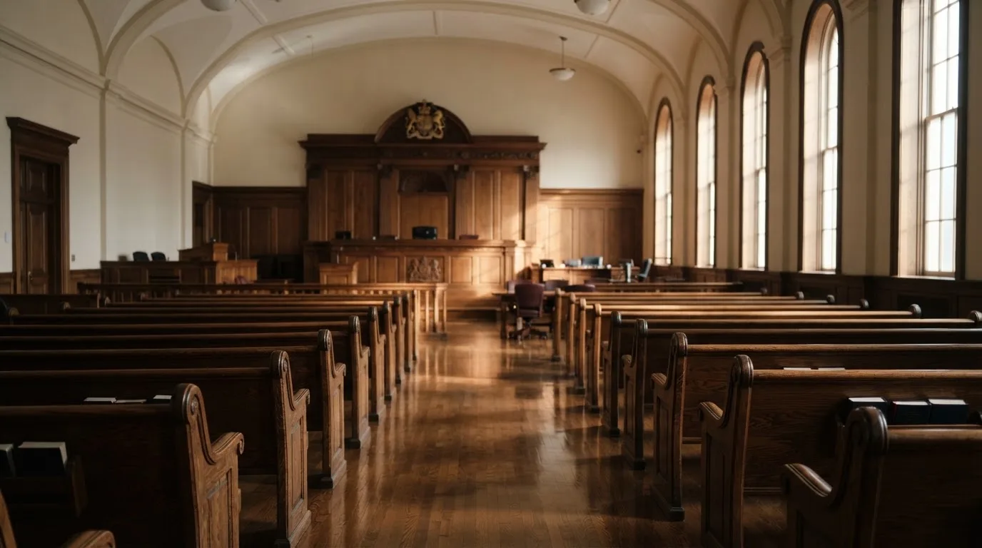 Een lege rechtszaal met houten banken in het ochtendlicht
