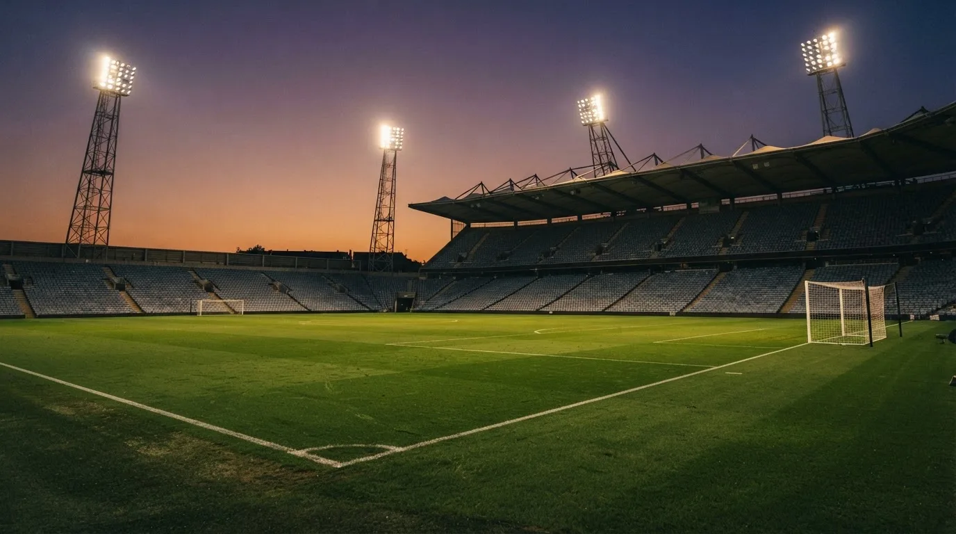 Een leeg voetbalstadion met lichtmasten bij schemering