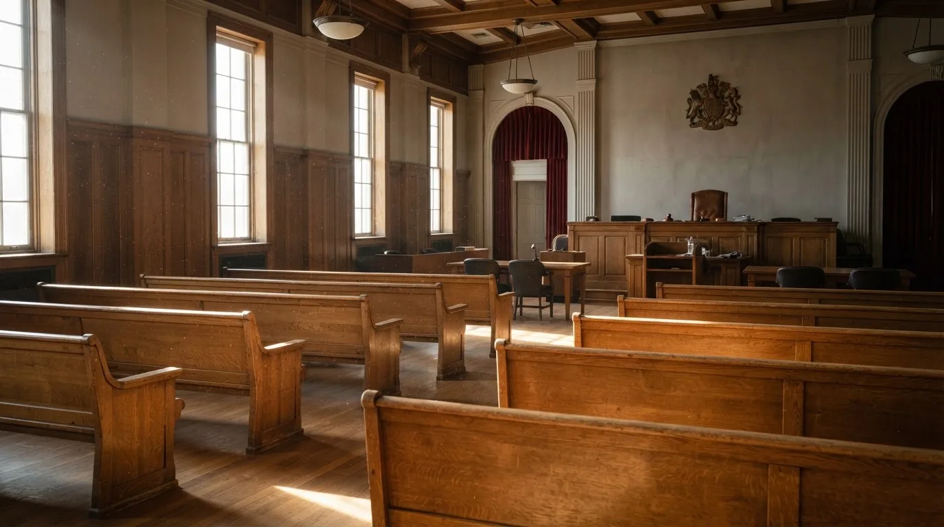 Een lege rechtszaal met houten banken in het ochtendlicht