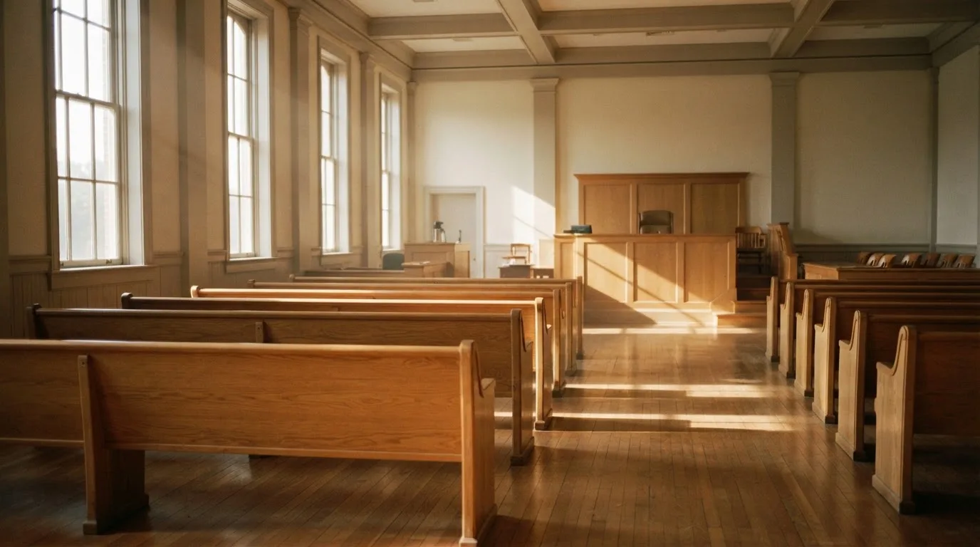 Een lege rechtszaal met houten banken in het ochtendlicht