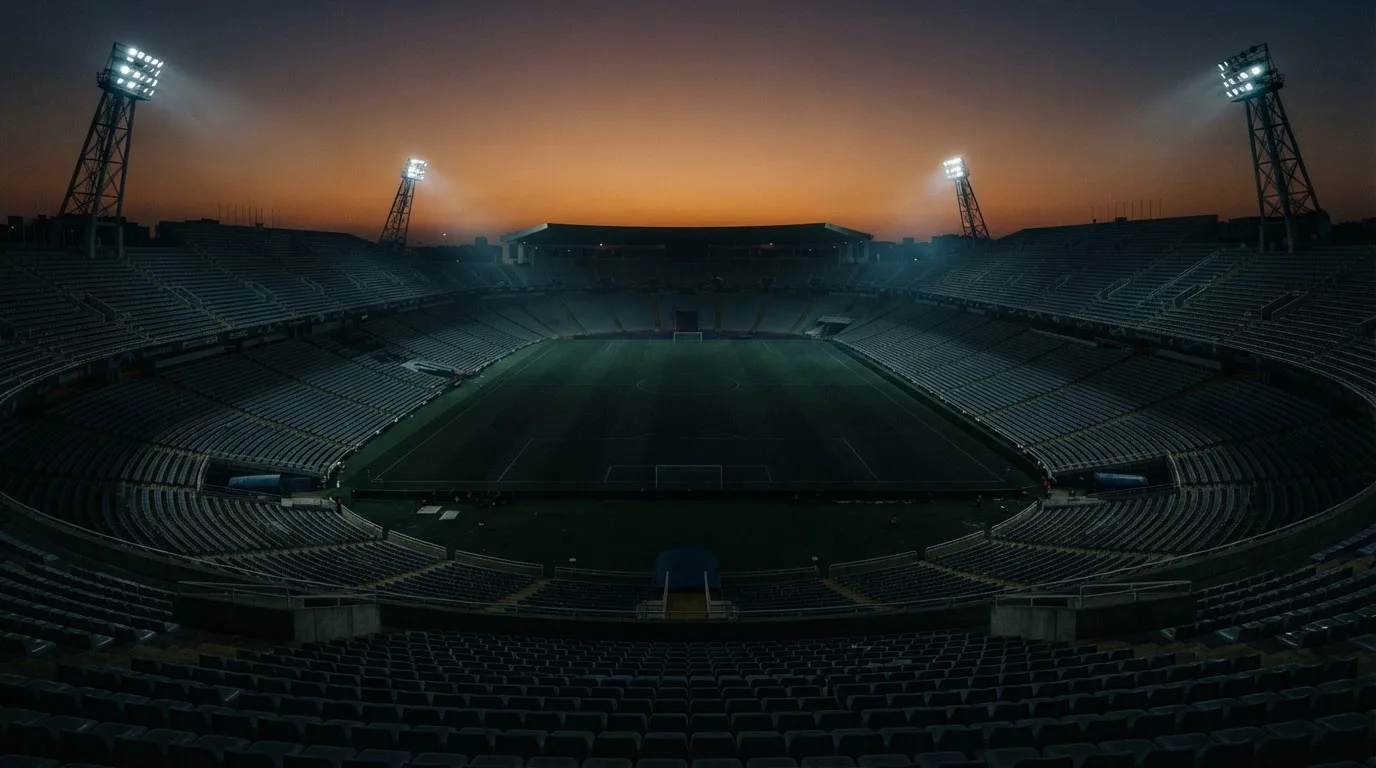 Een leeg voetbalstadion met lichtmasten bij schemering