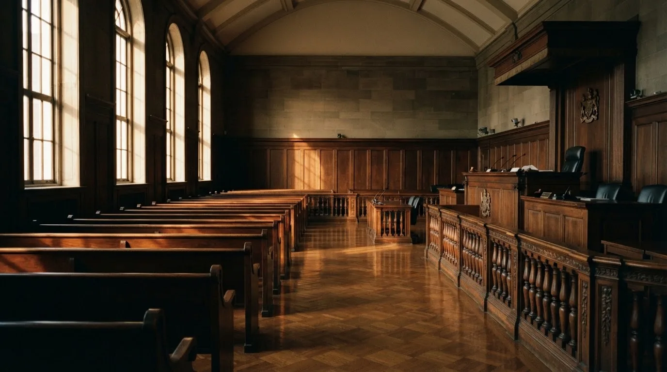 Een lege rechtszaal met houten banken in het ochtendlicht