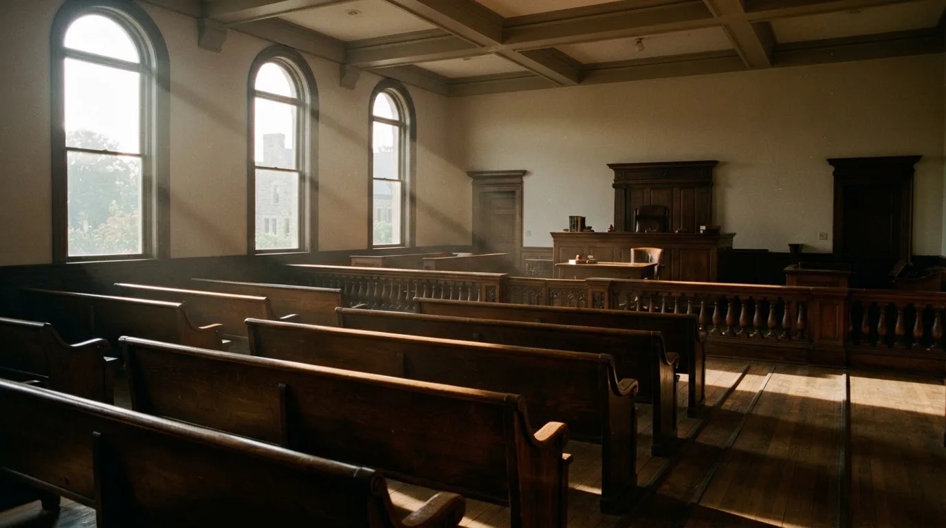 Een lege rechtszaal met houten banken in het ochtendlicht
