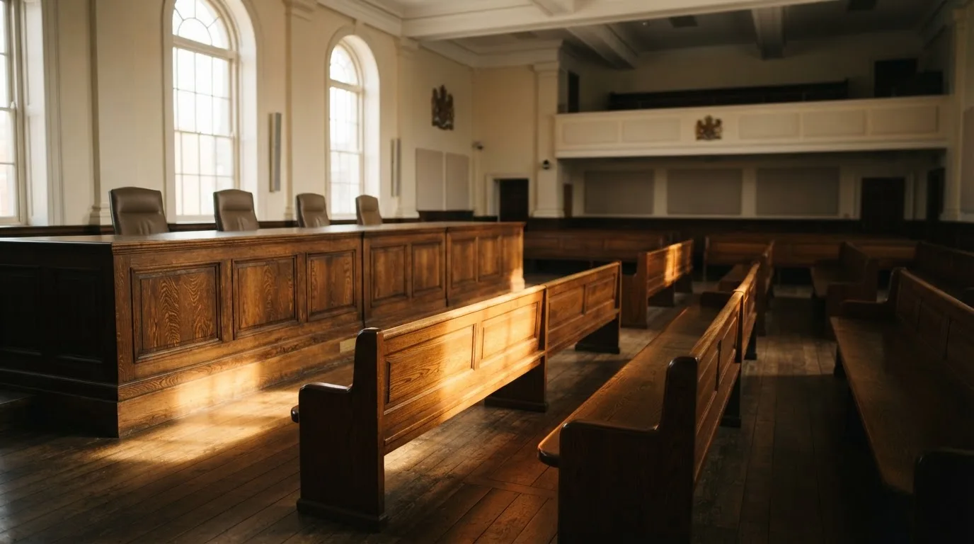 Een lege rechtszaal met houten banken in het ochtendlicht