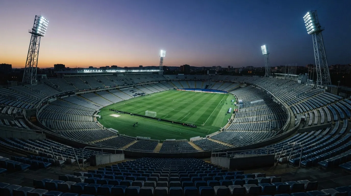 Een leeg voetbalstadion met lichtmasten bij schemering