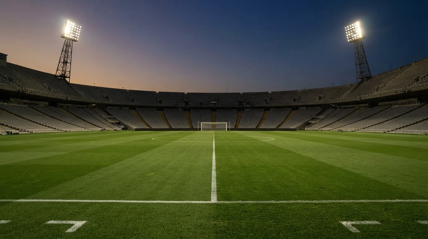 Een leeg voetbalstadion met lichtmasten bij schemering
