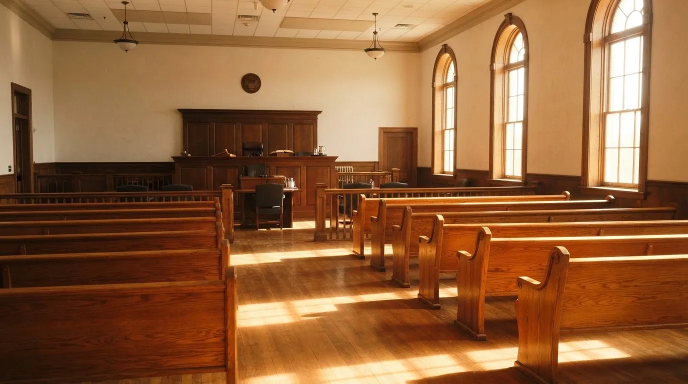 Een lege rechtszaal met houten banken in het ochtendlicht