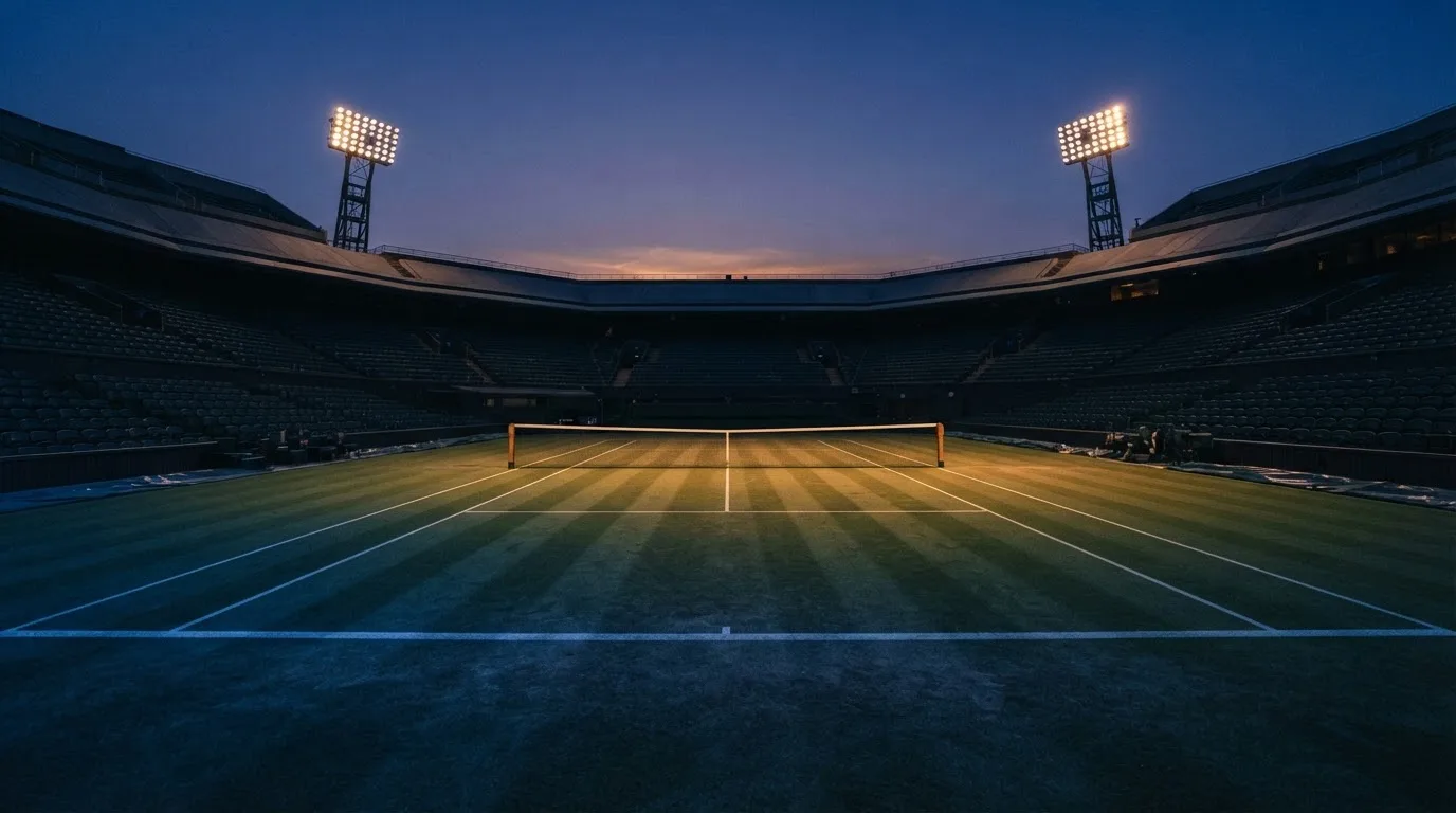 Een leeg voetbalstadion met lichtmasten bij schemering