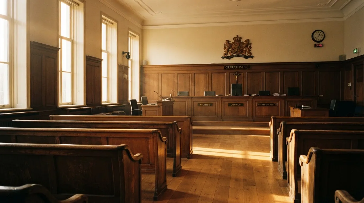 Een lege rechtszaal met houten banken in het ochtendlicht