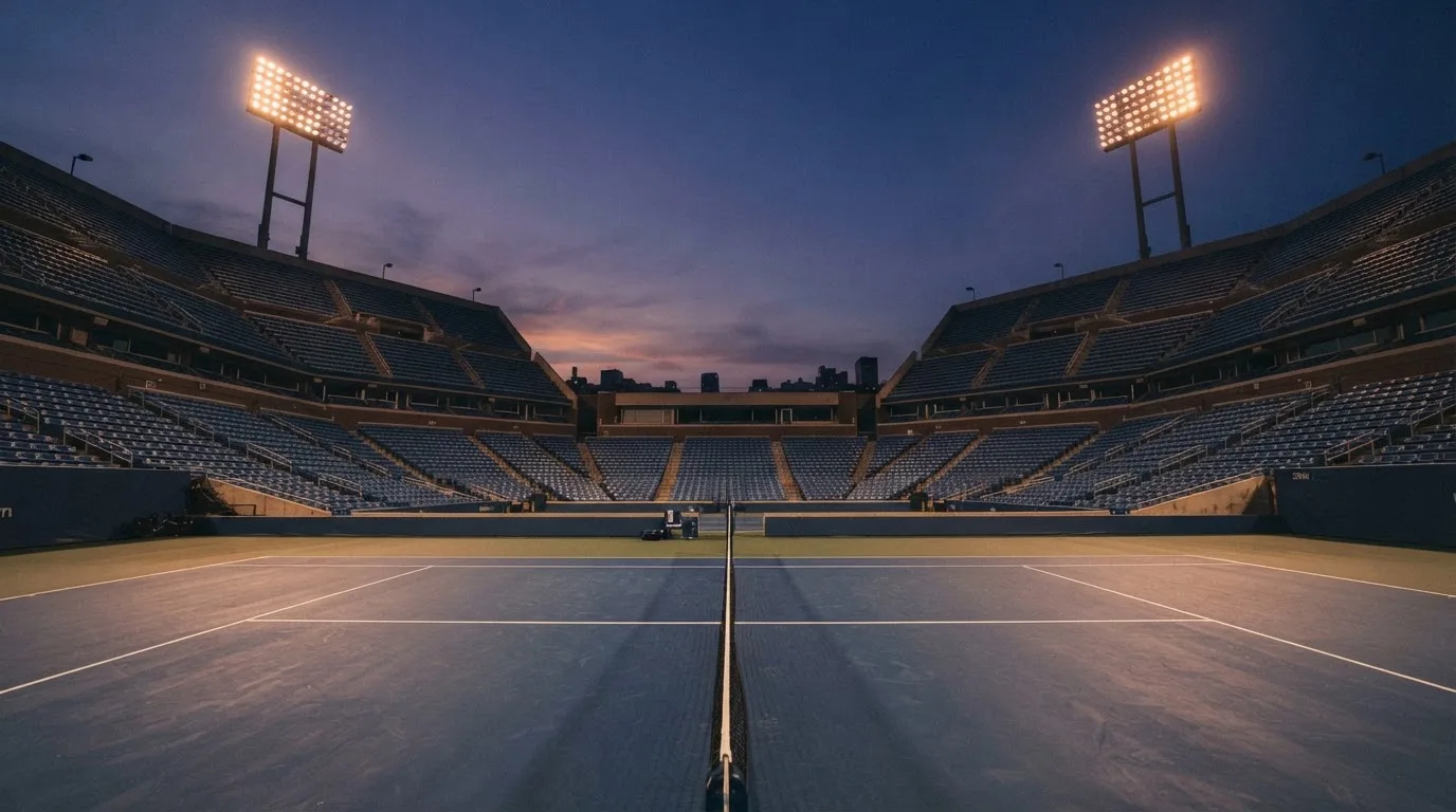 Een leeg voetbalstadion met lichtmasten bij schemering