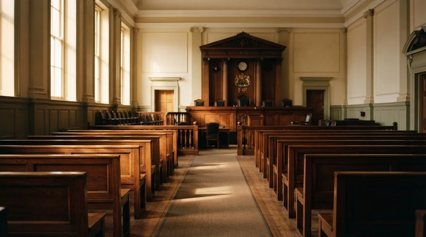 Een lege rechtszaal met houten banken in het ochtendlicht
