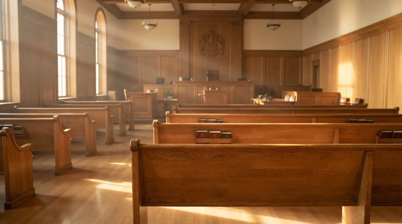 Een lege rechtszaal met houten banken in het ochtendlicht