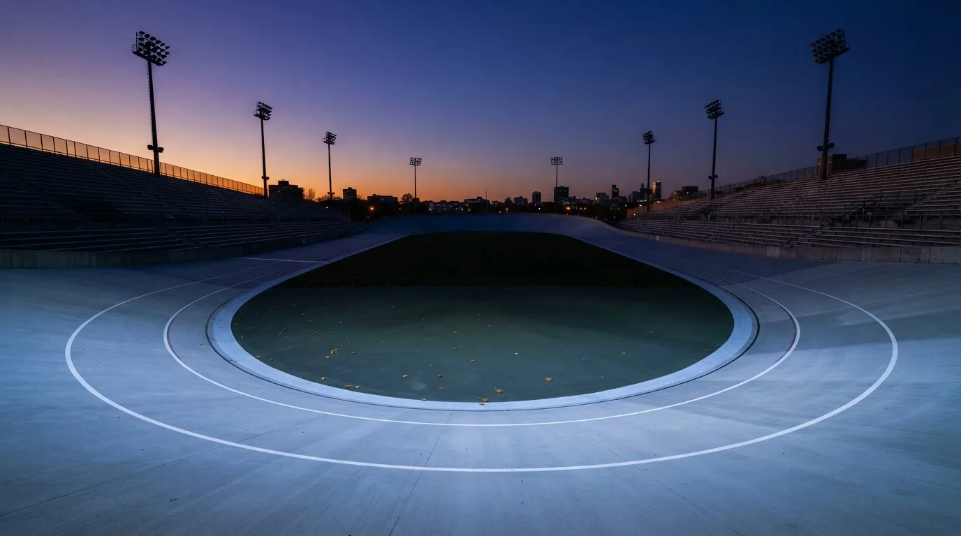 Een leeg voetbalstadion met lichtmasten bij schemering
