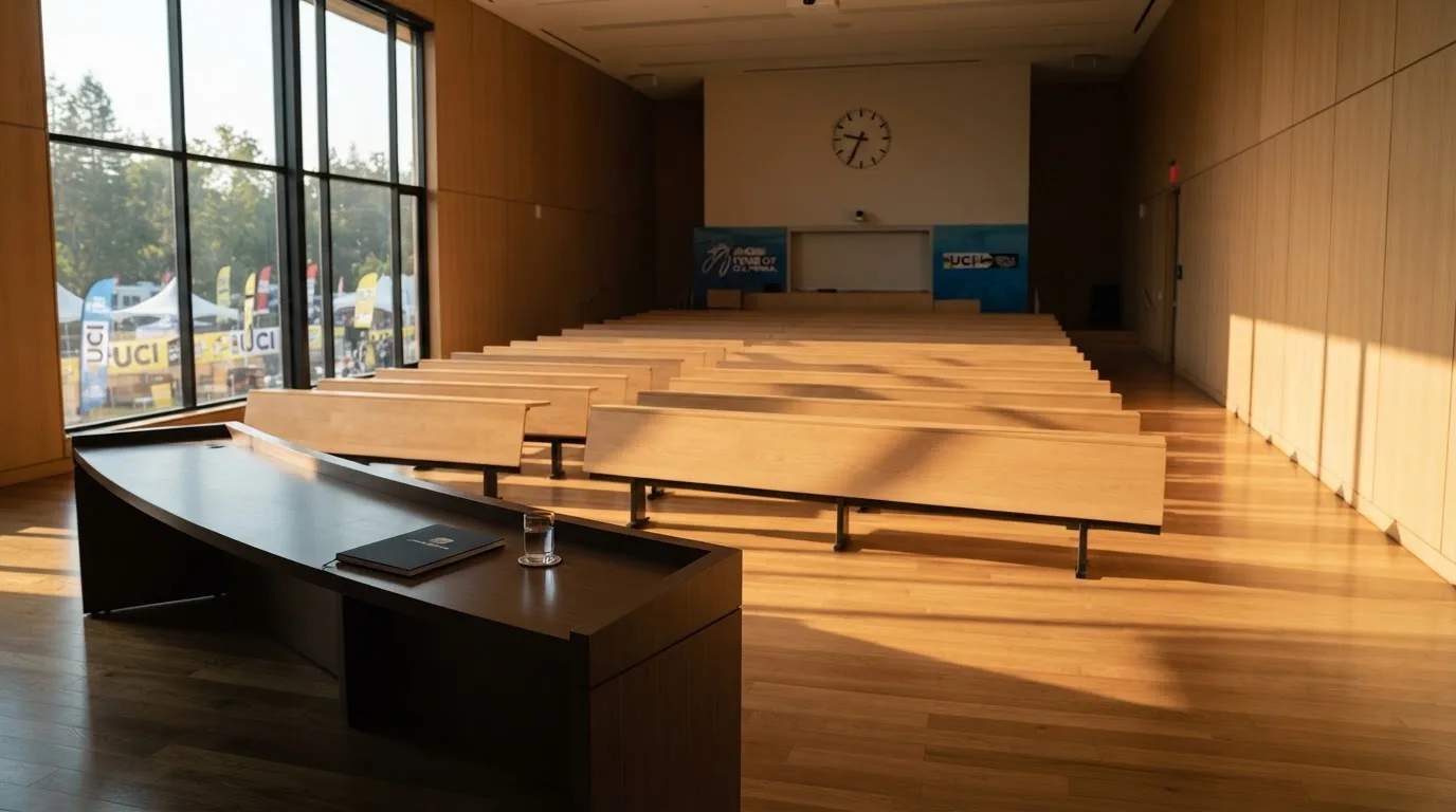 Een lege rechtszaal met houten banken in het ochtendlicht