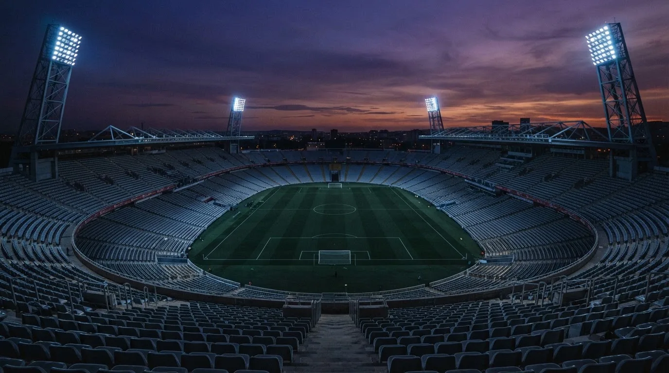 Een leeg voetbalstadion met lichtmasten bij schemering