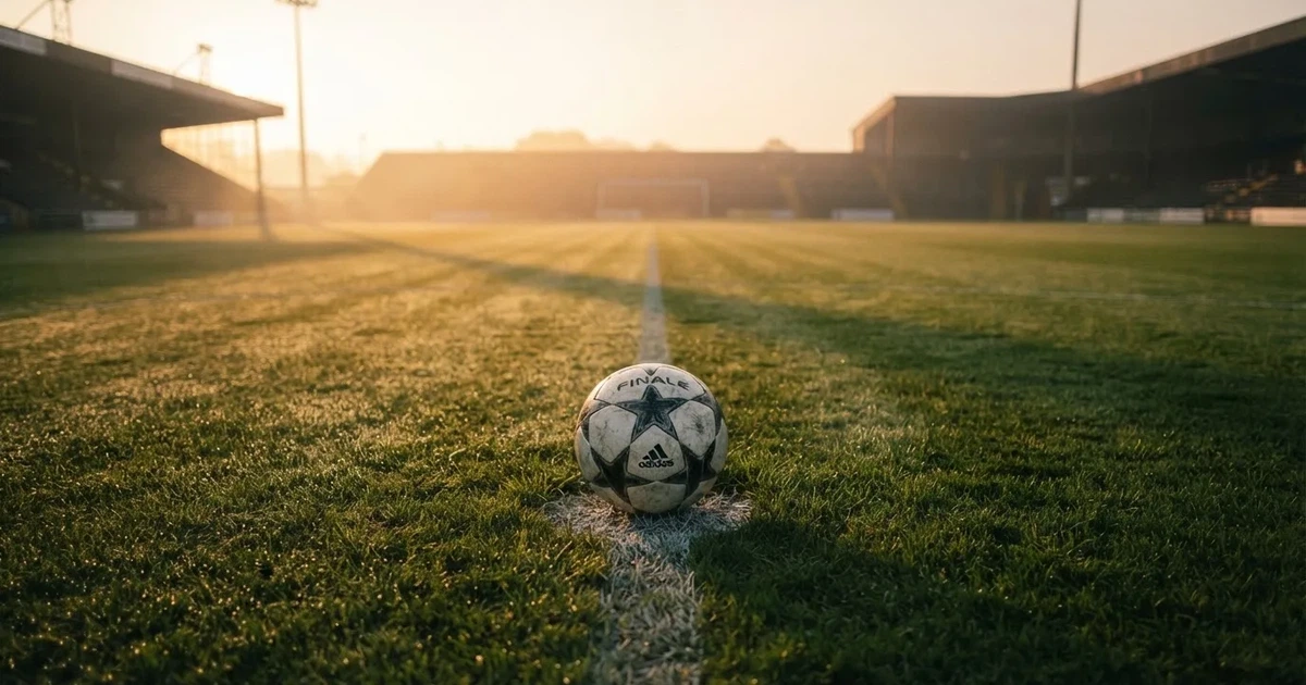 Een voetbal op de middenstip van een grasveld in het ochtendlicht