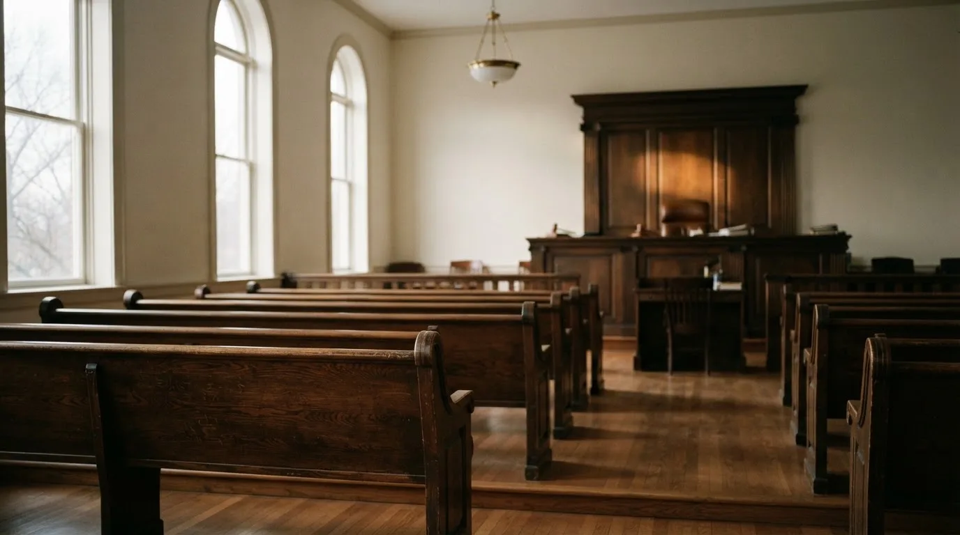 Een lege rechtszaal met houten banken in het ochtendlicht