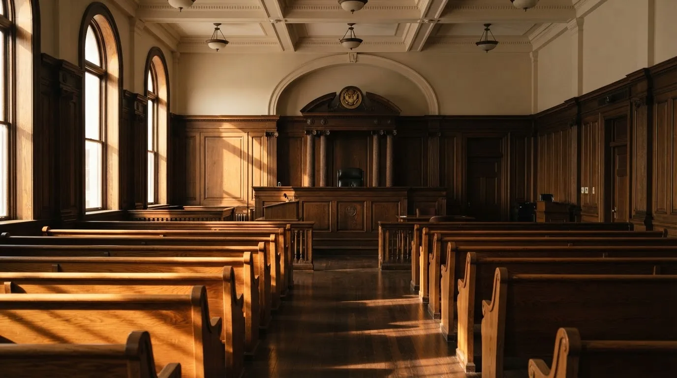 Een lege rechtszaal met houten banken in het ochtendlicht