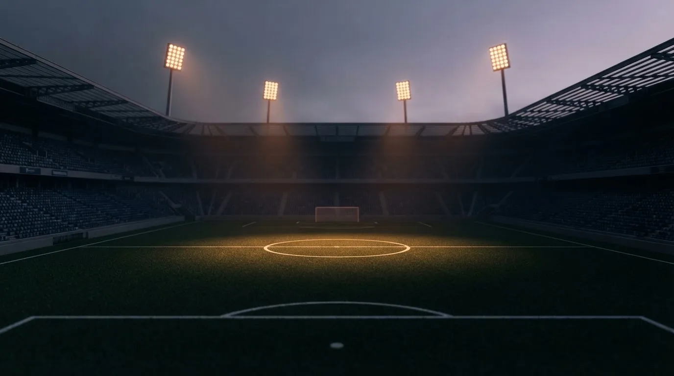 Een leeg voetbalstadion met lichtmasten bij schemering