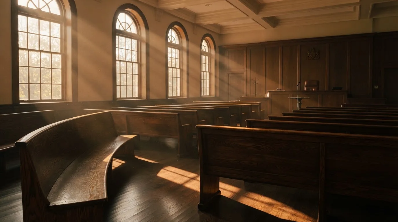 Een lege rechtszaal met houten banken in het ochtendlicht