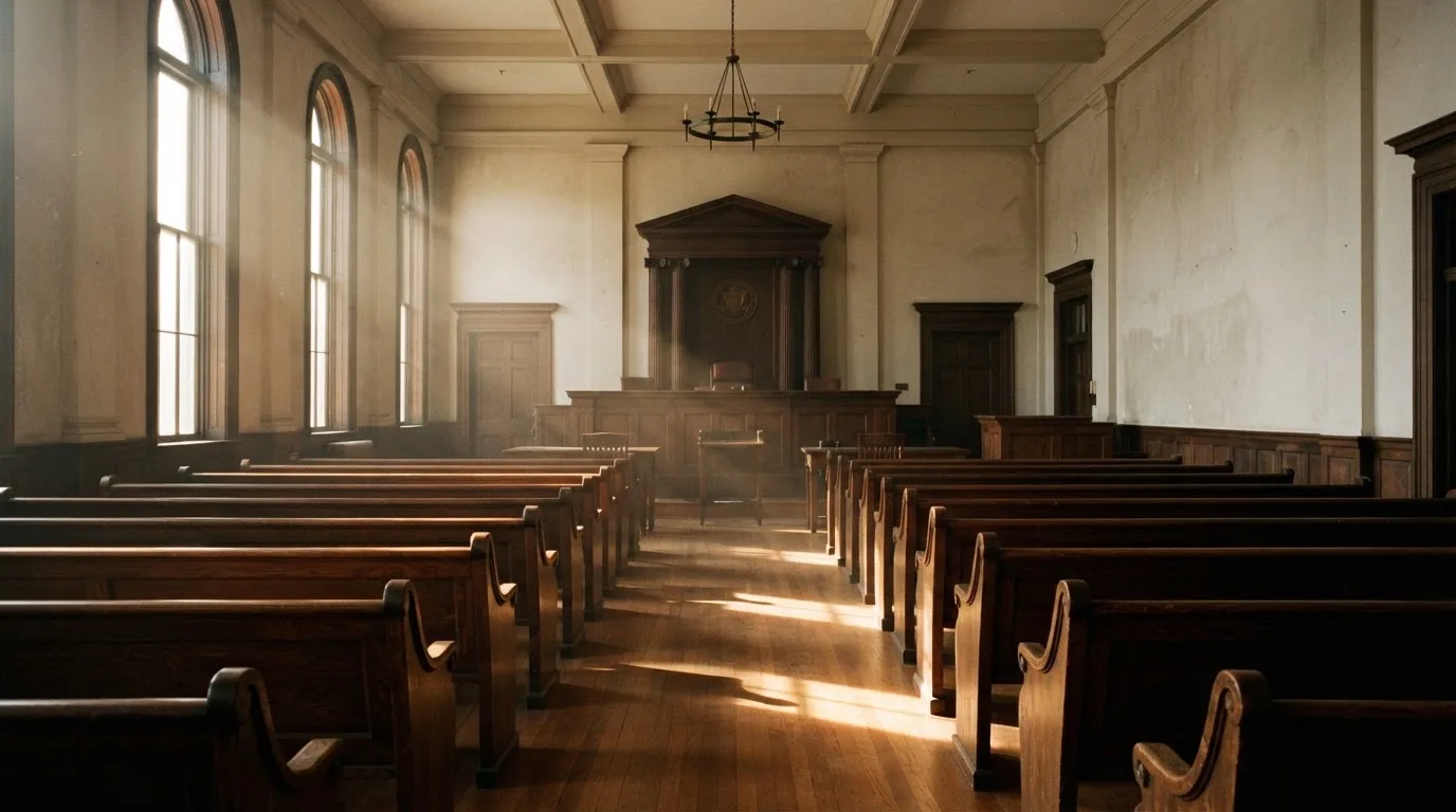 Een lege rechtszaal met houten banken in het ochtendlicht